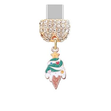 Imagem de ELISE & FONDA TP997 Tipo-C porta de carregamento cristal antipoeira pequeno sorvete de Natal pingente de celular para iPhone 15/16/Samsung/OnePlus/Xiaomi/oppo telefones Android (arco-íris)