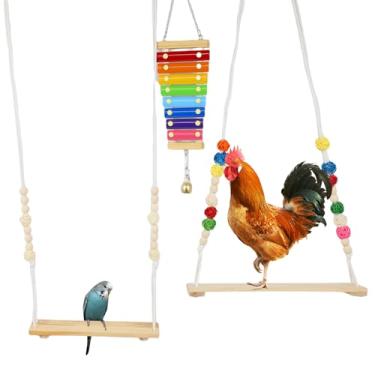 Imagem de SEEZENGREEN Pacote com 3 brinquedos de galinha para galinheiro, suportes de balanço de madeira e brinquedo de xilofone com gancho, escada de escalada, enriquecimento de aves para periquito, perus