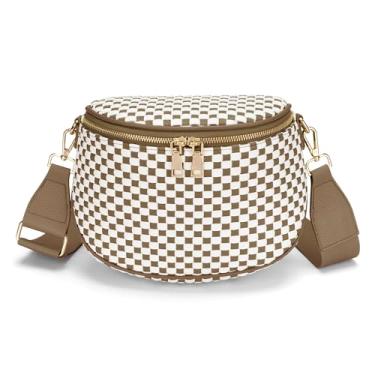 Imagem de FODOKO Bolsa tiracolo de tecido para mulheres de couro vegano, bolsa quadriculada com cinto, bolsas de ombro, Tecido marrom, Couro vegano tecido