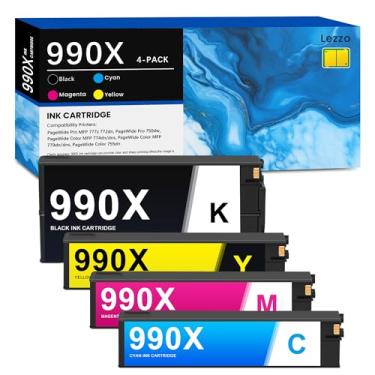 Imagem de Cartucho de tinta 990 990XL 990XC 990X, pacote com 4, alto rendimento M0K01AN M0J89AN M0J93AN M0J97AN, tinta de substituição para HP 990X para impressora PageWide Color 755dn MFP 774dn 774dns (preto