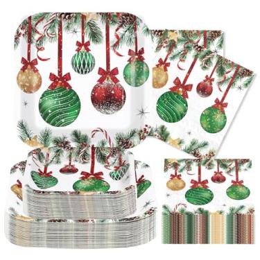 Imagem de Greencian Conjunto de pratos e guardanapos de papel de Natal, bolas vermelhas e verdes, pratos quadrados, bolas de Natal descartáveis, conjunto de utensílios de mesa para Natal, inverno, férias, ano
