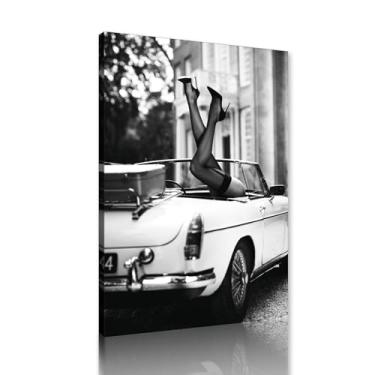 Imagem de MAMAGO Decoração de parede feminina preta e branca vintage salto alto feminino com pôster impresso em tela de carro imagem feminina sexy contemporânea para quarto banheiro arte de parede emoldurada