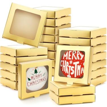 Imagem de Dunzoom Caixa de presente com 25 peças de enfeites de sublimação 9 x 9 x 1,8 cm, caixa de embalagem de discos de cerâmica, caixa de embalagem com janela para árvore de Natal personalizada em branco