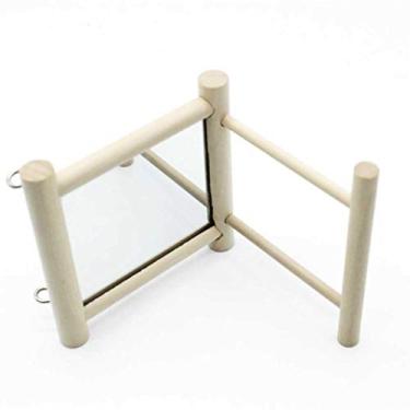 Imagem de Aramox Poleiro de Suporte Com Espelho, Acessórios de Madeira para Animais de Estimação, Material de Madeira Maciça, Estação Divertida para Pássaros Pequenos, Tamanho 10x10x10cm (Amarelo claro)