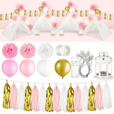 Imagem de Arrowbash Conjunto de 4 conjuntos de decoração de festa do pijama, conjunto de decoração de barraca de festa de pijama, pompons, balões de látex, estrela, LED, luz, papel, borlas, guirlanda, bandeira