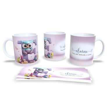 Imagem de Caneca Personalizada com Coruja e Letra A, Porcelana, Design Educacional, Uma Vida Dedicada a Ensinar, Listras Pastéis (e)