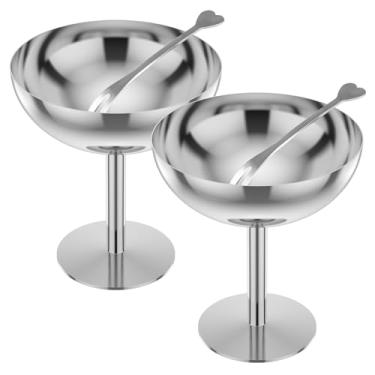 Imagem de Conjunto de tigelas de sorvete, 2 peças de copos de sobremesa de aço inoxidável, copo de sudae de 200 ml com garfos de sobremesa para pudim, parfait, salada, coquetel e festa