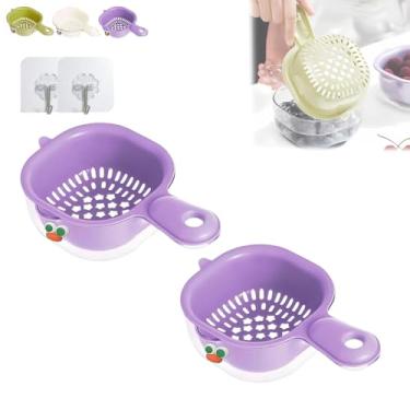 Imagem de Cesta de drenagem de camada dupla de cozinha com alça, escorredor de plástico e conjunto de lavatório para frutas, legumes, macarrão, arroz, tigela de filtro de drenagem fácil para cozinha doméstica