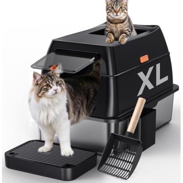 Imagem de Gimars Caixa de areia de aço inoxidável 3 em 1 de alta face anti-bico com tampa, caixa de gato fechada extra grande com pá, entrada frontal e superior para vários gatos