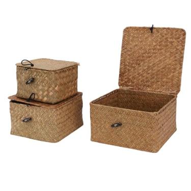 Imagem de Generic Caixa de Armazenamento Tecida à Mão, Conjunto de 3 Cestas Tecidas Com Tampas para Organizar Lanches de Joias de Papelaria, Caixas de Armazenamento Decorativas para (14x14x9cm 17x17x10cm