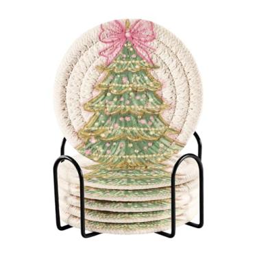 Imagem de Blueangle Porta-copos de 6 peças de árvore de Natal com laço rosa - tecido redondo super absorvente para proteção de mesa e decoração de casa (188)