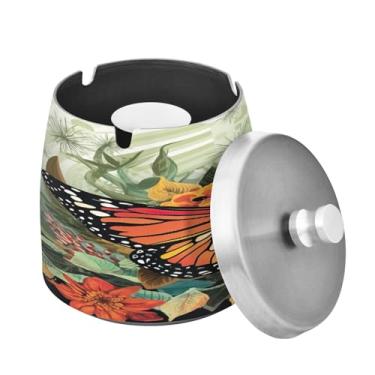 Imagem de Blueangle Cinzeiro de borboleta laranja com tampa para cigarros, à prova de vento/chuva, aço inoxidável, sem fumaça, inodoro, cinzeiro para uso interno ou externo (415)