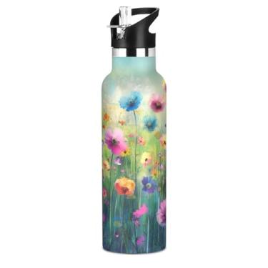 Imagem de ATTX Garrafa de água de pintura de flores coloridas com tampa de palha, copo de aço inoxidável de 590 ml, copo isolado para viagens, ao ar livre #113