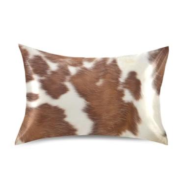 Imagem de Blueangle Fronha de cetim de vaca com estampa marrom branca para cabelo e pele, tamanho padrão (50,8 x 66 cm) - Capas de travesseiro de cetim refrescantes com fecho de envelope (111)