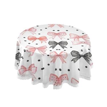 Imagem de SEHANY Toalha de mesa redonda com laço rosa de 152 cm, tecido lavável sem rugas, toalha de mesa decorativa de renda para restaurante, casamento, acampamento, festa de cinco de maio