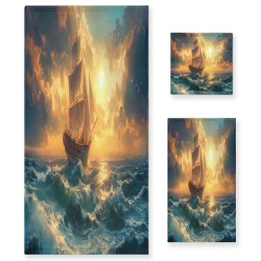 Imagem de Blueangle Conjunto de toalhas de pintura a óleo de navio à vela - 3 peças de toalhas de banheiro absorventes macias para spa e decoração de casa (inclui banho, toalha de mão e toalha) #159