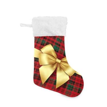 Imagem de GakkiGii Meia grande de Natal xadrez com gravata borboleta, decoração de Natal para parede de lareira e árvore, 45 x 31 cm