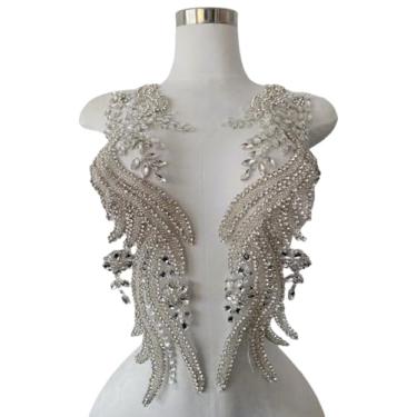 Imagem de Jpumley.pksn Apliques de renda de strass feitos à mão costurados em miçangas para acessórios de roupas de vestido 1 par/bolsa 14 x 20 cm (prata)