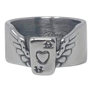 Imagem de ED HARDY Anel masculino de aço inoxidável prateado com asas e cartão, Aço inoxidável, Sem pedra preciosa