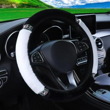 Imagem de Knonip Capa de Volante de 38 cm Colorida Brilhante Strass Capa de Pelúcia Universal Stretch Apto para Carros, Inverno Quente Moda Auto Decoração Protetor de Volante de Carro (Branco)