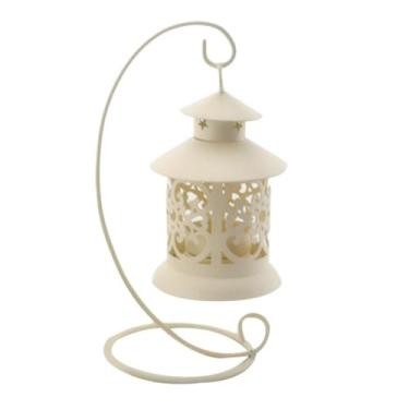 Imagem de Castiçal de pendurar arte de ferro vintage oco lanterna suporte de vela mesa festa de casamento decoração de casa romântica, branco, 22 * 8,8 * 14,5 cm