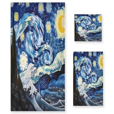 Imagem de xigua Conjunto de toalhas de banheiro noturno estrelado absorvente macio 3 peças toalha de banho toalha de mão toalhas decorativas para banheiro, academia, hotel, praia, piscina
