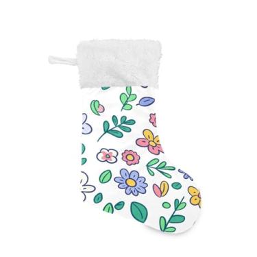 Imagem de Wassud Meia de Natal fofa com punho branco flores coloridas rabiscos 45,7 cm grande para decoração de lareira de lareira 1 pacote
