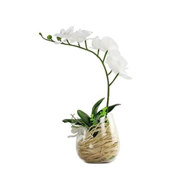 Imagem de LMJYU Conjunto de flores artificiais em vaso, orquídea branca de seda artificial com vaso de vidro, vaso de plástico Phalaenopsis, para casa (z pequeno) (Z pequeno)