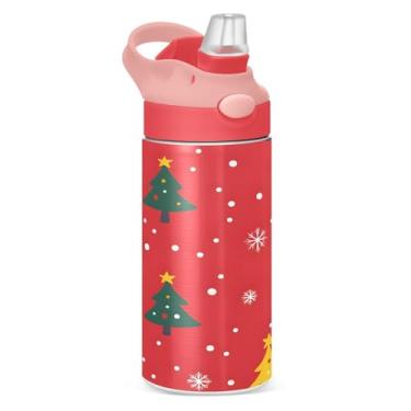 Imagem de YETTASBIN Garrafa de água de árvore de Natal para crianças, 340 g, à prova de vazamento, parede dupla, isolada, copo de viagem com tampa de canudo para meninas, meninos e crianças