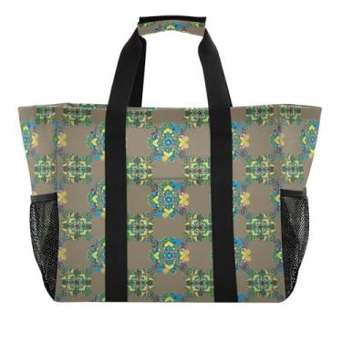 Imagem de Wassud Sacos de mercearia reutilizáveis com motivos florais grande bolsa organizadora de lona impermeável para praia, piquenique, lavanderia, viagem