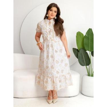 Imagem de Vestido Elegante Midi Gola Alta Manga Princesa Curta Bordado Algodão C