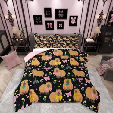 Imagem de Erosebridal Conjunto de edredom com estampa de capivara, para meninas, animais fofos, tamanho solteiro, para crianças, adolescentes, adultos, quarto, coquete, laço, borboleta, floral, arco-íris, rosa