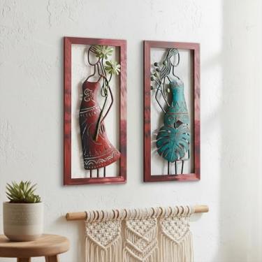 Imagem de 2 pacotes de arte de parede de metal boho, decoração de parede abstrata 3D, decoração de parede feminina minimalista moderna, arte de parede abstrata floral com mulher, decoração de quarto boho para