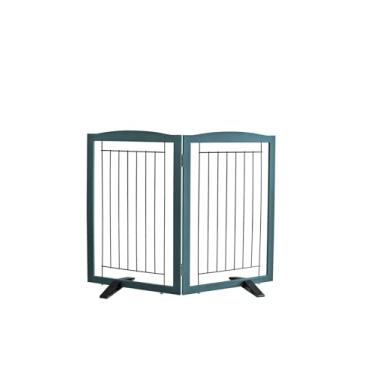 Imagem de ZJSF Cerca interna independente para cães, portão dobrável para portas, escadas ou corredores, portão extra largo de madeira resistente para animais de estimação com pés de suporte para casa, azul, 61