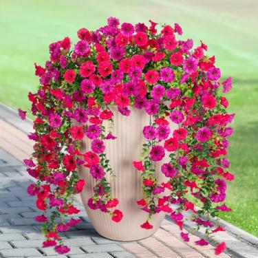 Imagem de Hrobek Flores artificiais para pendurar ao ar livre, 2 peças de plantas falsas, videira longa, eucalipto, glória matinal, resistente a UV, realista, vegetação interna, externa, pátio, varanda, jardim,