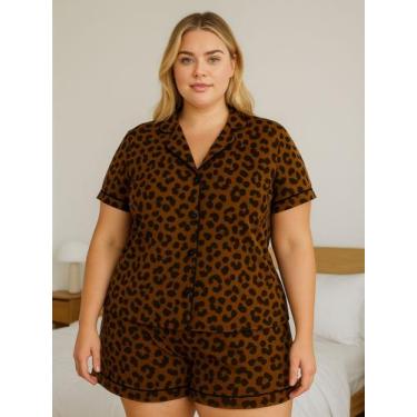 Imagem de Pijama Americano Estampado Plus Size Blusa com Botões que Abrem e Shor