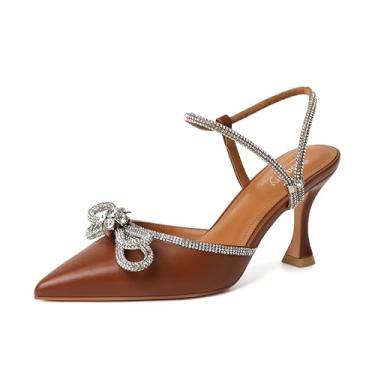 Imagem de Susanny Sapato feminino fechado Rhinstone casamento salto baixo slingback transparente gatinho, tira ajustável, bico fino, salto alto, vestido de formatura, Laço Brownpu, 36