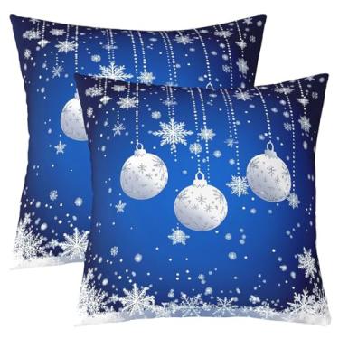 Imagem de Erosebridal Conjunto de 2 capas de almofada Merry Christmas, 61 x 61 cm, enfeites de Natal azuis, capas de almofada feliz ano novo, floco de neve, glitter, estrelas, decoração de Natal