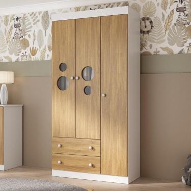 Imagem de Guarda-roupa Infantil 92cm Com Vidro 3 Portas E 2 Gavetas Pirulito Multimóveis MP4467 Branco-madeirado