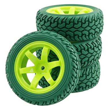Imagem de LAFEINA 75mm Rubber Tires and 6 Spokes Green Plastic Wheel Rims for 1/10 Scale HSP 94123 HPI Kyosho Tamiya RC On Road Car 1:16 Rally Car (Green)