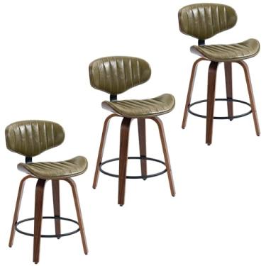 Imagem de CHIDOCHILO Conjunto de 3 bancos de bar modernos de couro PU de 61 cm, banquetas de madeira de madeira para balcão, cadeiras giratórias para bar de café da manhã com encosto e apoio para os pés para