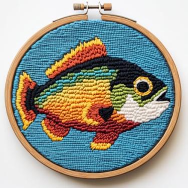 Imagem de Kits de agulhas de punção DIY, peixe robalo, fácil para iniciantes, conjunto de bordado para amantes de artesanato com padrão impresso e argola para decoração de casa 20 x 20 cm-5