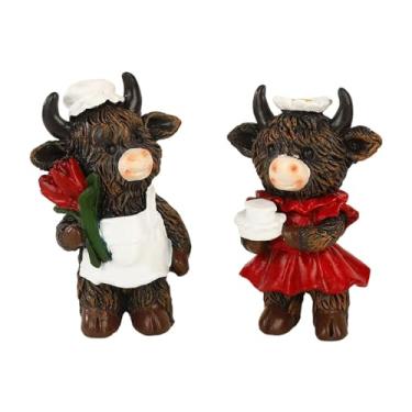 Imagem de Wswqop 1 Par de Estatuetas de Casal de Vacas Terras Altas para Decoração de Mesa, Casa, Estilo Fazenda, Pequena Estátua de Resina para Sala de Jantar