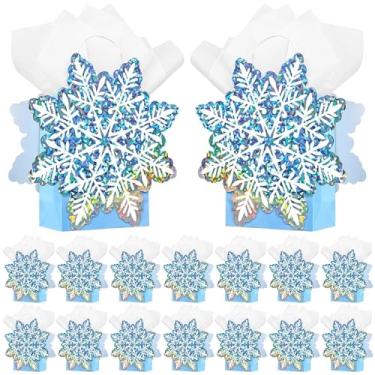 Imagem de LIANGMIDA 16 peças de sacos de presente de floco de neve de inverno azul floco de neve de neve de princesa lembrancinhas de presente a granel com 24 sacos de papel kraft de presente com alça para