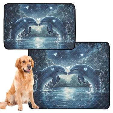Imagem de TSENQUE Almofadas de xixi laváveis para cães para animais de estimação extragrande coração golfinhos azul oceano absorvente cães treinamento fofo cachorro gaiola tapete impermeável, médio + grande