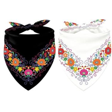 Imagem de JarThenaAMCS Lenço de pescoço ajustável floral para cães mexicanos cinco de maio Fiesta preto branco floral ajustável para cães acessórios de fantasia de carnaval