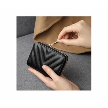 Imagem de Carteira feminina de couro genuíno com dobra dupla/tripla - Suporte minimalista para cartão de crédito com bloqueio de RFID e bolso para moedas, Preto, Casual