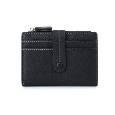 Imagem de Carteira feminina de couro genuíno com dobra dupla/tripla - Suporte minimalista para cartão de crédito com bloqueio de RFID e bolso para moedas, Preto, Casual