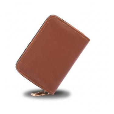 Imagem de Carteira feminina de couro genuíno com dobra dupla/tripla - Suporte minimalista para cartão de crédito com bloqueio de RFID e bolso para moedas, Marrom, Casual