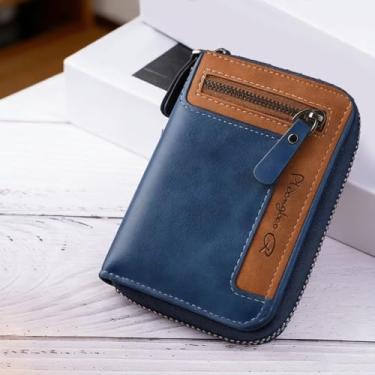 Imagem de Carteira masculina com zíper para moedas, vários compartimentos para cartões, carteira de couro compacta, tamanho pequeno, transporte diário, Azul, Normal